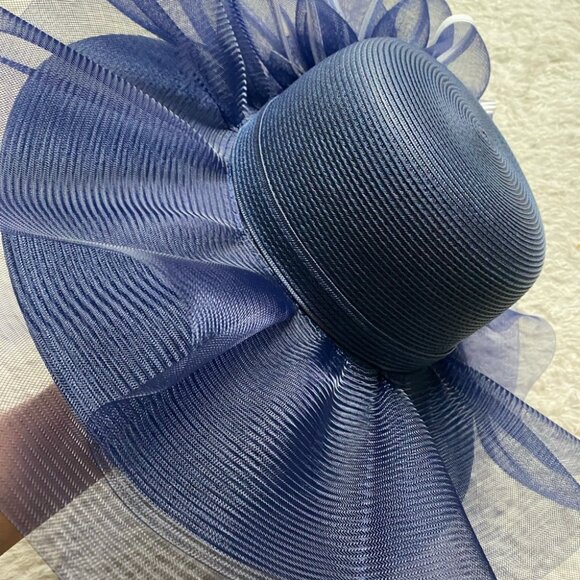 NEW Derby Hat Church Formal Dress Navy Royal Blue and White Feather Fascinator - Picture 8 of 10